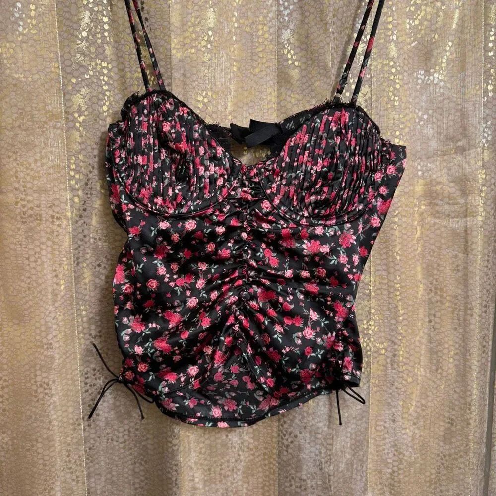 For Love & Lemons Black Melrose Romantic Bustier Pink Floral Bra Top Large